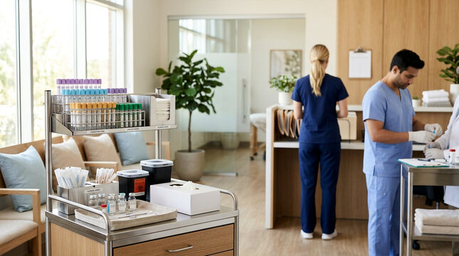 Healthcare professionals preparing medical supplies on a lab cart in a modern clinic waiting area