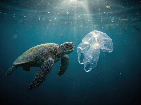 Sea turtle swimming towards a floating plastic bag underwater