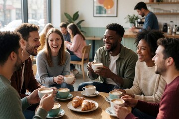 Fototapeta premium Diverse group of friends laugh, chat while drinking coffee, eating croissants at cafe table. People enjoy conversation, bonding over hot beverages, pastries. Relaxed, happy social gathering indoors.