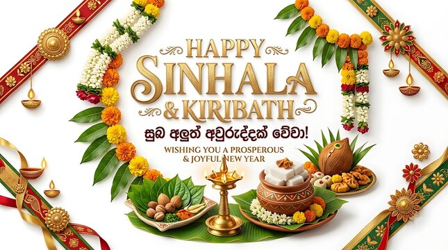 Sri Lankan Sinhala New Year celebration cake with traditional decorations. Festive aluth avurudda dessert featuring golden leaves, fruits, and cult...
