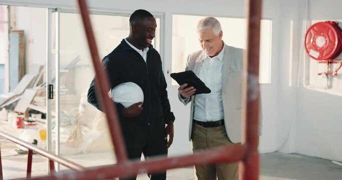 Tablet, team and planning at construction site for maintenance evaluation, renovation or engineering.Tech, contractor and happy men talk for development, quality control or remodeling assessment