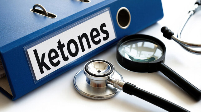 Blue medical binder with ketones label sits on white desk. Stethoscope, magnifying glass lie nearby. Setup represents metabolic health testing, laboratory analysis, clinical research for diabetes