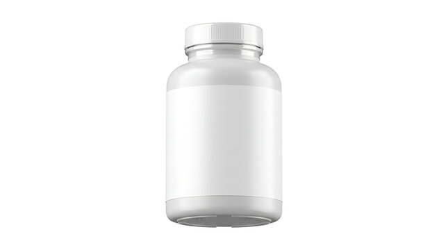 Blank white plastic bottle for pills or supplements with empty label space isolated on white background