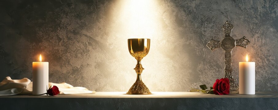 Golden chalice with a crucifix candles and red roses illuminated by spotlight