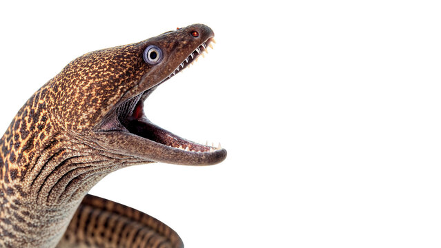 Moray eel with open mouth showing sharp teeth underwater marine predator creature isolated on transparent background