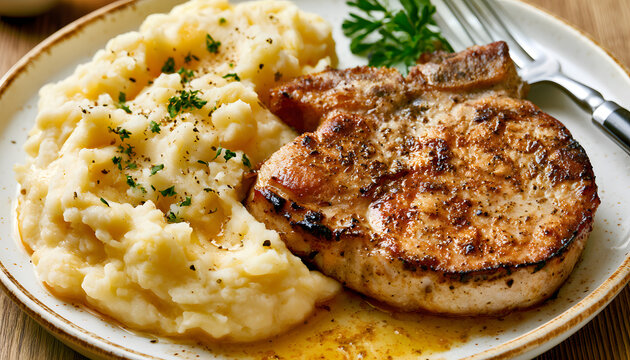 Grilled pork chops accompanied by smooth mashed potatoes and a sprinkling of crisp green herbs arranged on a circular plate. A succulent roasted meat cutlet paired with a rich potato puree, perfect fo