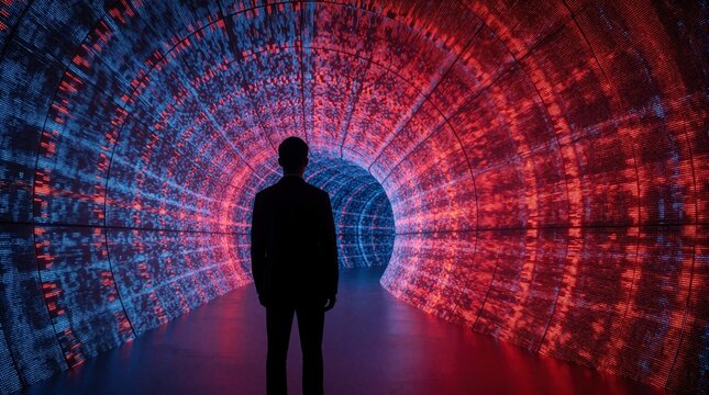 Silhouette of man in suit stands inside digital tunnel with glowing red, blue light patterns. Person looks at virtual cyberspace background with binary code stream. Conceptual visualization of future