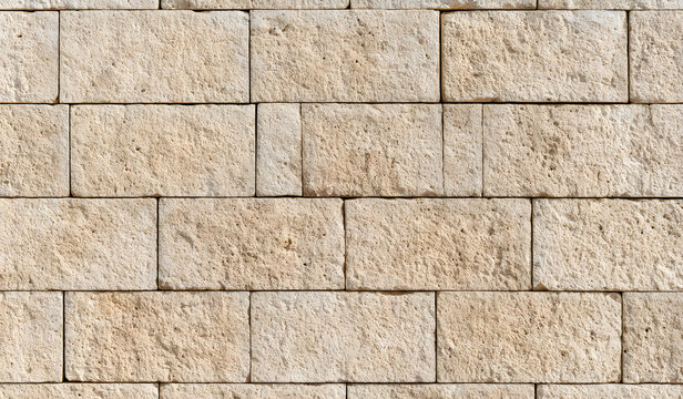 Background of an aged, textured beige brick wall with a rectangular pattern made of uneven blocks