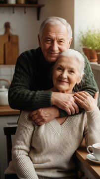 Elderly caucasian couple embracing lovingly in a cozy kitchen, representing lifelong commitment and retirement lifestyle for seniors