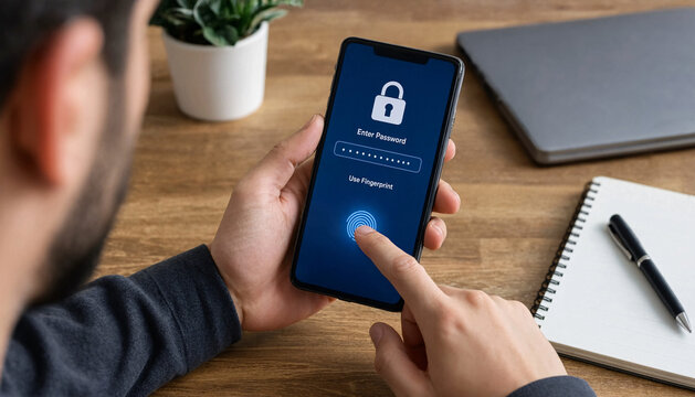Man using fingerprint scanner on smartphone. Secure mobile login with biometric authentication.