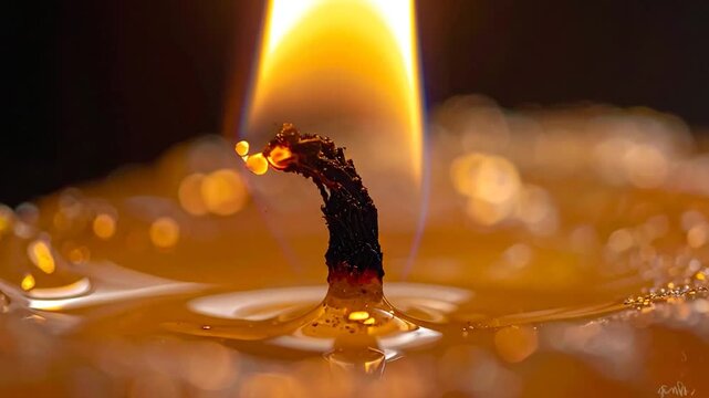 Burning candle wick with flame and molten wax.