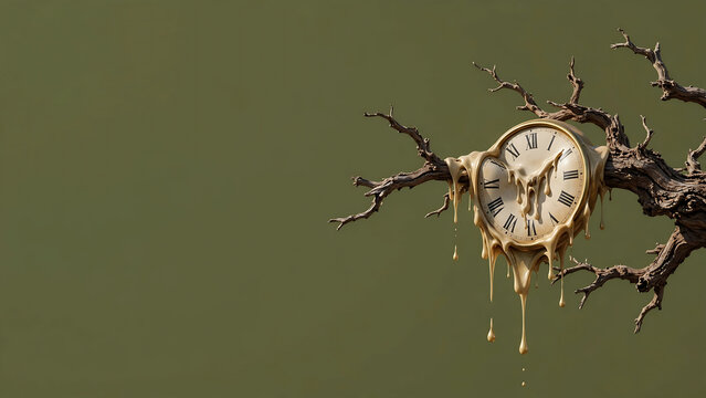 Surreal Melting Golden Clock on Dry Tree Branch Representing the Concept of Fluid Time and Decay