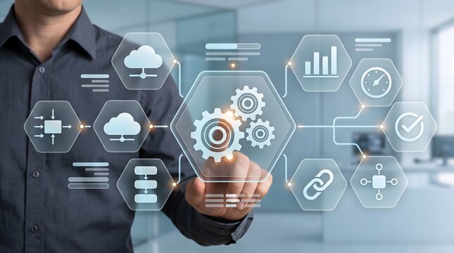 Workflow automation software interface integration showing professional configuring digital gear system and cloud analytics