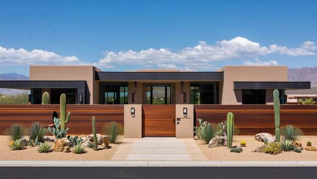 Modern desert home exterior with wooden privacy fence and cacti real estate architecture exterior