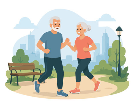 Vsai senior couple jogging in park for active lifestyle