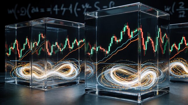 Transparent glass cubes display digital financial charts with trading candles. Glowing light lines move inside boxes against dark background. Stock market analysis visualizes economic growth,
