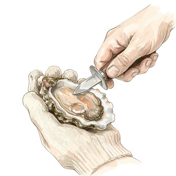 Hands shucking fresh oyster with knife for seafood cooking blog and recipe tutorial