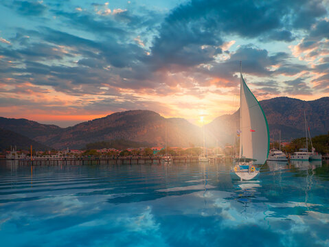 Gocek is a small resort town with marina in Fethiye district at sunset - Mugla Province, Turkey.