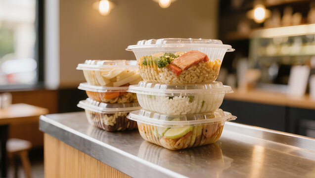 Stacks of transparent plastic containers filled with healthy pre-prepared meals and rice dishes sit on a restaurant counter, ready for takeaway and quick delivery