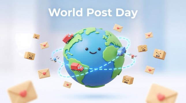 World Post Day global parcel logistics banner with cute globe and letters