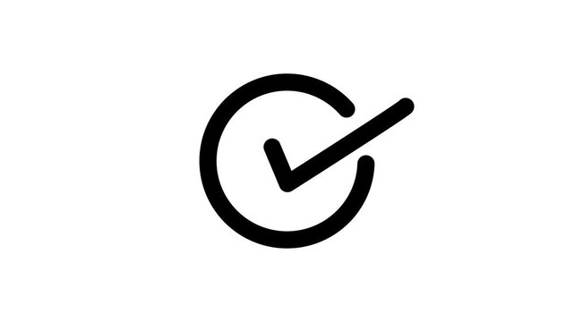 Check mark sign symbol icon animation. 4k stock video white screen background and black circle with tick mark.