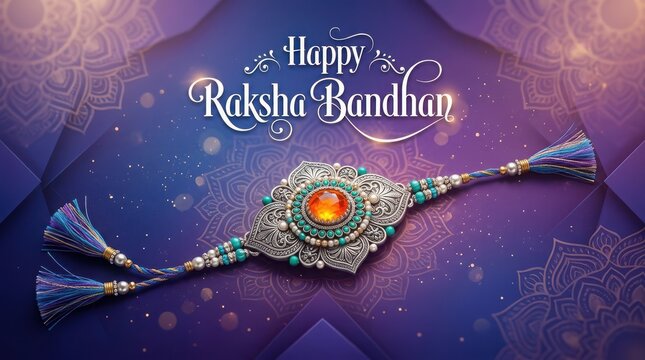Exquisite silver rakhi with orange gemstone centerpiece on glowing purple mandala background for happy raksha bandhan fest.