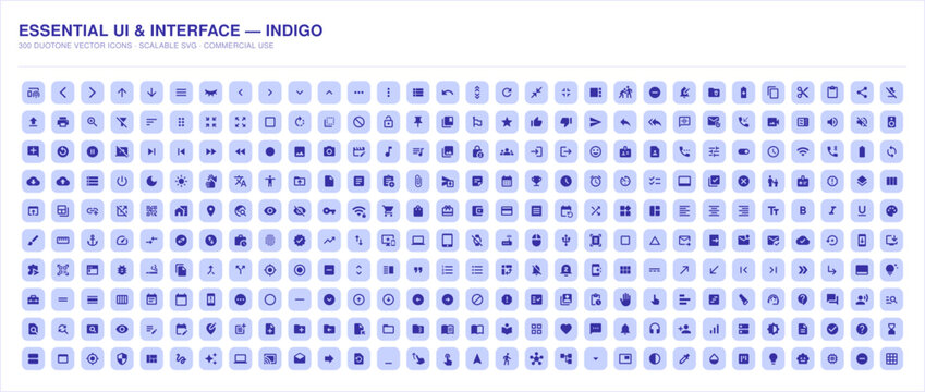 Comprehensive essential UI and interface vector icon set in indigo duotone with interface