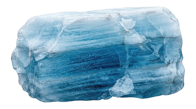 Raw aquamarine mineral crystal with striated blue layers isolated on transparent background