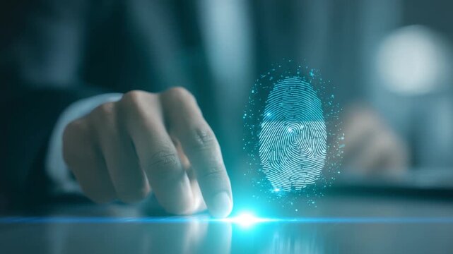 Digital Fingerprint Identification: A person's finger touches a glowing digital interface, activating a futuristic fingerprint scan, symbolizing modern security and data protection.