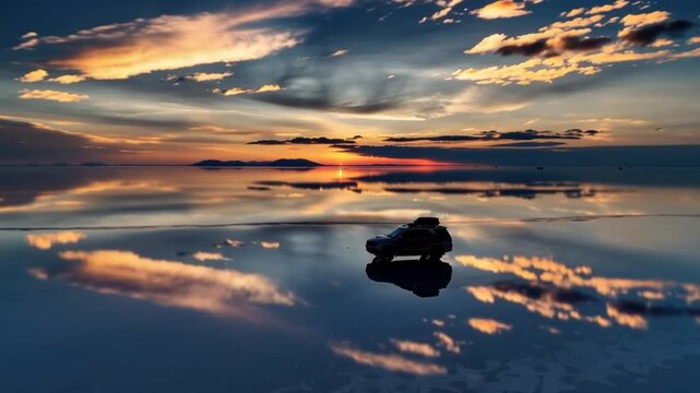 Uyuni Salt Flat at sunset with a person walking near a parked vehicle, creating a mirror reflection on the water surface, Bolivia. Time Lapse, aerial view.