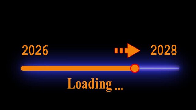 Futuristic white progress bar visually the transition from 2026 to 2028 with a bright slider and arrow on a black background. embodying future progress and technological advancement.