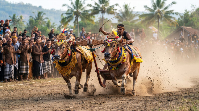 Traditional bull race competition action scene with jockeys riding racing bulls creating dust cloud in outdoor rural arena field