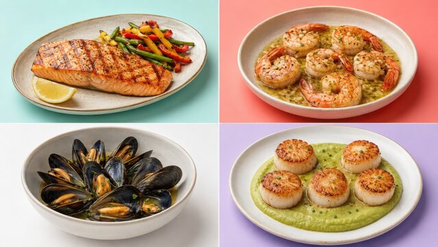 Seafood Dishes with Salmon, Prawns, Mussels, and Scallops