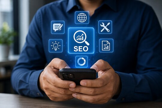 Businessman using smartphone with glowing seo and digital marketing icons overlay