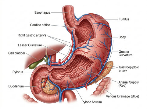 Anatomical illustration of human stomach and surrounding organs with labels