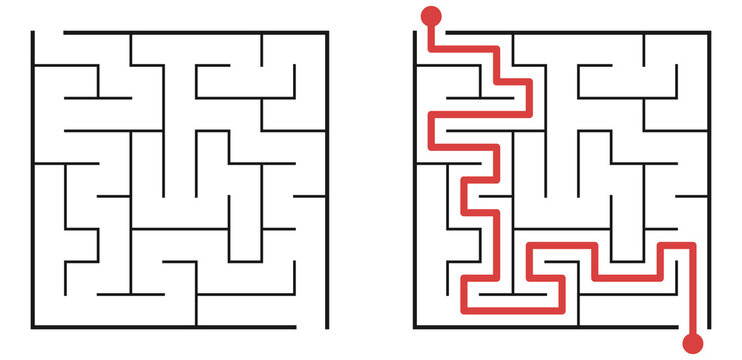  Labirinto quadrado de n&iacute;vel f&aacute;cil para crian&ccedil;as com a solu&ccedil;&atilde;o. Jogo educativo, quebra-cabe&ccedil;a e atividade para imprimir