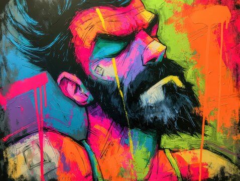 Bearded man resting, vibrant urban street art, neon color palette bold creative mood