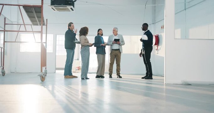 Construction, building or team on site for inspection, safety check or evaluation of renovation. People, flare or engineer group with tablet, progress track or compliance review in remodeling project
