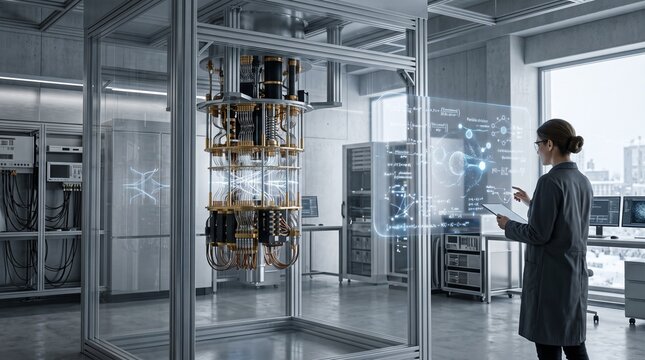 Female scientist monitoring advanced quantum computer via holographic interface in high-tech research facility