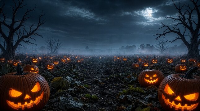 Spooky Halloween pumpkin patch with glowing jack-o-lanterns in dark misty field under full moon. Creepy bare trees and foggy night sky create horror atmosphere for seasonal backgrounds and posters