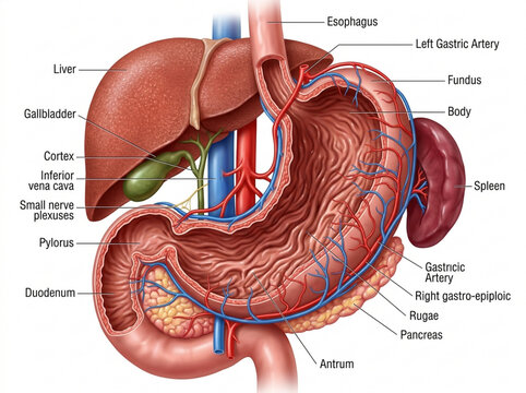 Anatomical Illustration of Human Digestive System Organs - Stomach, Liver, Pancreas