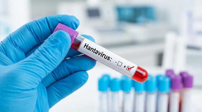 Clinical laboratory professional examining a blood sample tube for Hantavirus infection diagnostics.