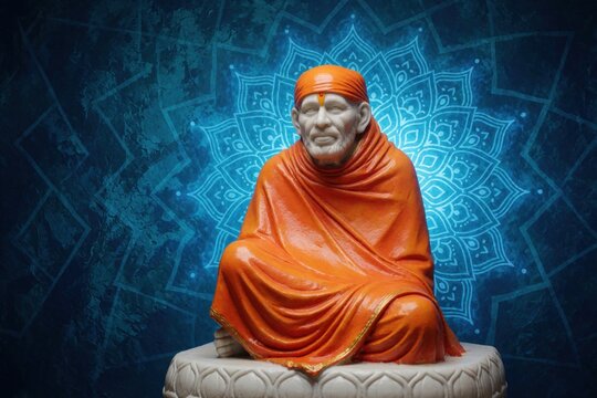 Orange robed Shirdi Sai Baba statue sits serenely. Statue sits against a textured blue background with a bright mandala pattern. Spiritual Indian religious icon.