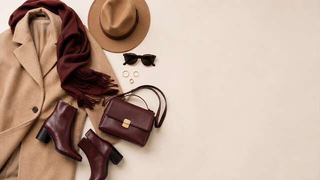 Elegant autumn wardrobe with camel coat and burgundy accessories arranged as flat lay