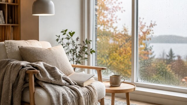 Cozy reading nook with armchair beside rain-streaked windows on an autumn afternoon