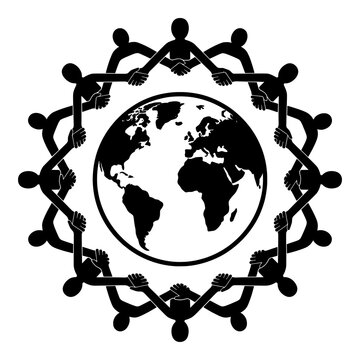 Global unity people holding hands around earth symbolizing international cooperation and peace.