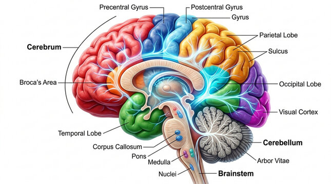 Human Brain Anatomy Section - Lobes, Cerebellum, Brainstem, Neural Pathways