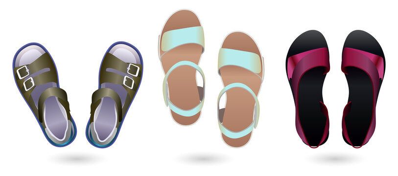 Vibrant summer sandals in various styles on transparent background