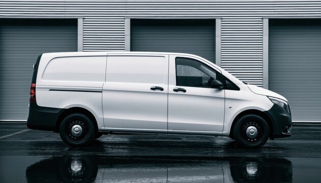 Clean white commercial cargo van parked on wet pavement with industrial building