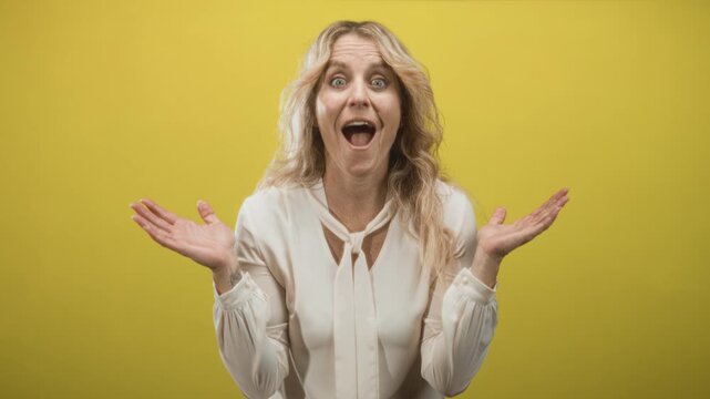 Woman with palms up and open mouth showing surprise in studio yellow backdrop; surprise playfulness.